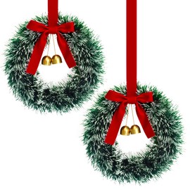 2 Pack Christmas Wreaths for Front Door – 11 Inch Small Faux Pine Wreaths with Red Velvet Bow and Bell for Kitchen Cabinets, Wall, Window, Christmas Wreath Decorations