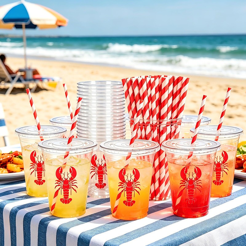 50Pcs 12 Oz Crawfish Plastic Cups with Lids & Straws