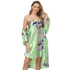Joy Bridalc Women's Silk Satin Nightgown with Robes Set 2 Piece Long Floral Sexy Nightwear