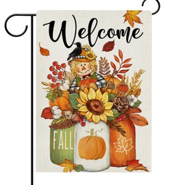 Hzppyz Welcome Fall Pumpkin Sunflower Garden Flag Double Sided, Autumn Harvest Mason Jar Scarecrow Decorative Yard Outdoor Home Small Decor, Maple Leaves Crow Burlap Outside House Decoration 12 x 18