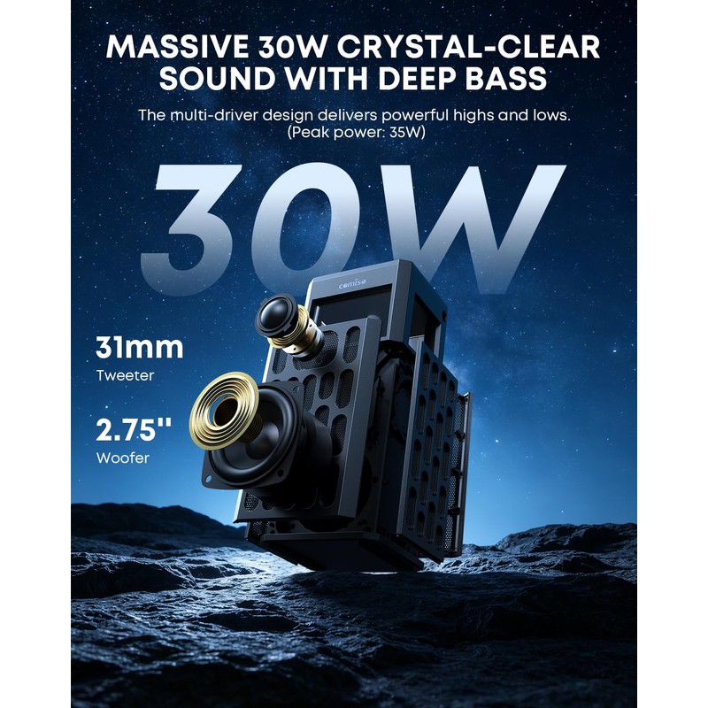 30W Portable Bluetooth Speaker, Deep Bass, IPX6 Waterproof, LED Lights