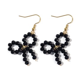 SHINUS BOHO Bohemian Cute Beaded Dangle Black Bow Earrings Sparkly Crystal Gold Wrapped Beads Crystal Dangle Earrings for Women Statement Jewelry Gift