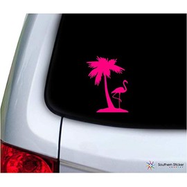 Southern Sticker Company Flamingo one Palm Tree 3.9x5.2 inches Beach Ocean Size Laptop car Window Truck - Made and Shipped in USA (Pink)