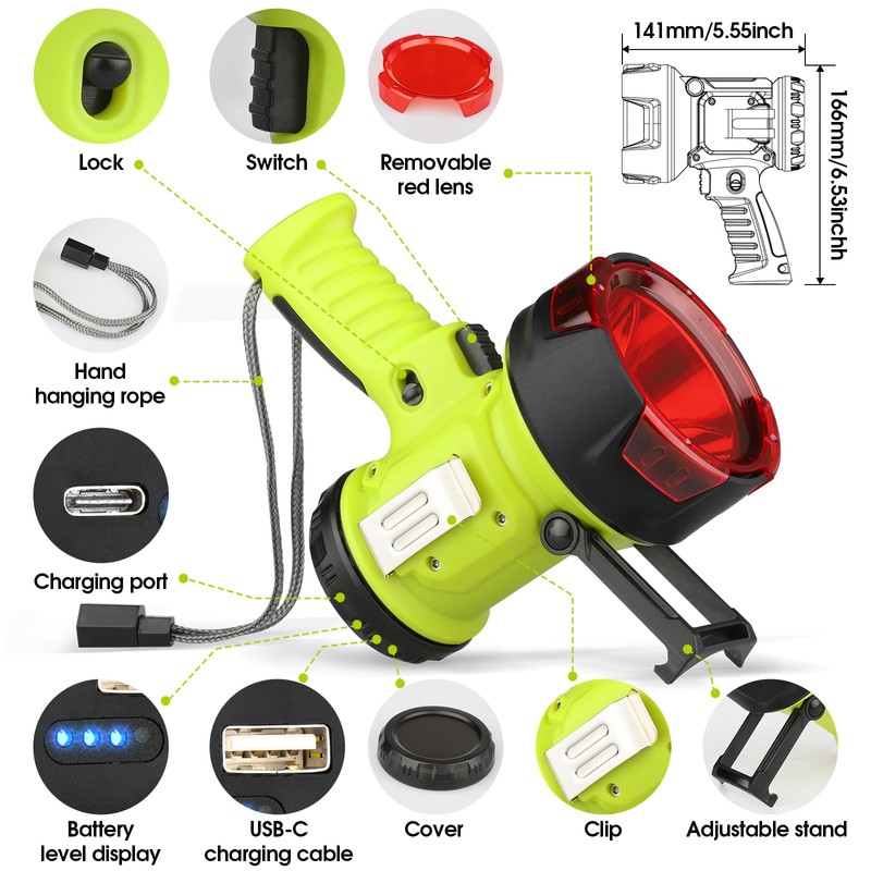 WENFENG Rechargeable Spotlight Flashlight with High Lumen LED, Waterproof Handheld