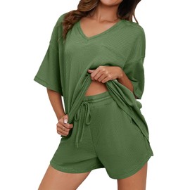 Dokotoo Lounge Sets for Women with Pockets V Neck Short Sleeve Shirts for Women and Drawstring Shorts Pants 5 Piece Two Sets for Women Outfits waffle Knit Shirts Matching Sets