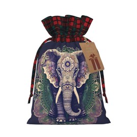 PVTIONXIE Art Elephant Christmas Gift Bags with Drawstring, Reusable Gift Wrapping Bags For Xmas Holiday