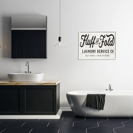 Stupell Industries Farmhouse Fluff and Fold Laundry Advertisement Rustic Pattern, Designed by Lettered and Lined White Framed Wall Art, 24 x 30