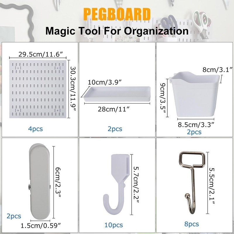 PSLER 22"×22" White Pegboard Kit with 17 Accessories, Garage Office
