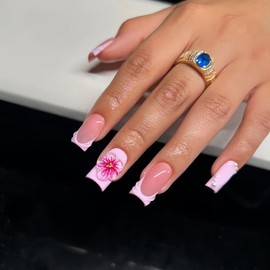 24 Pcs Pink Flower Press on Nails Square Medium Fake Nails Spring Floral False Nails with Embossed French Tip Designs Glossy Acrylic Nails Full Cover Stick on Nails for Women Nail Art Manicure