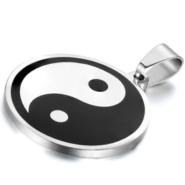 Flongo Stainless Steel Pendant Necklace Silver Black Tai Chi Yin and Yang Polished Men's with 55 cm Chain, Stainless Steel, No Gemstone