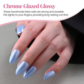 evpct Sky Blue Press on Nails Almond Short, Light Sky Blue Chrome Glazed Glossy Short Almond Soft Gel Press On Nails with Nail Glue for Women Gift, 15 Sizes 30Pcs Reusable Stick Acrylic Fake Nail Kit