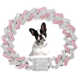 Pimaodog Chain Collar for Small Dogs, Diamond Necklace Rhinestone Bling Glitter Metal Choke Cuban Link Dog Collar, Crystal Collar Jewelry for Dogs and Cats (Pink, 24 inch)