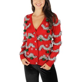 Tipsy Elves Classic Cute Cardigan Ugly Christmas Sweaters for Women with Fun Patterns and Animals - Women's Colorful Red Tinsel Tangle Christmas Cardigan Size 1X