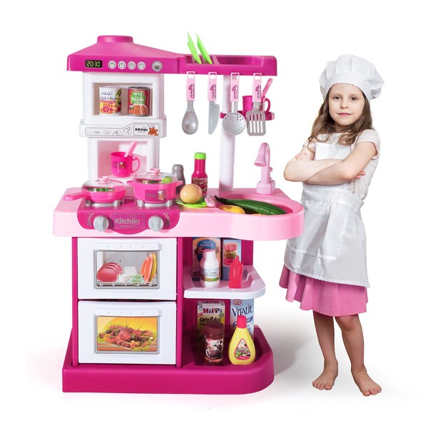 Temi Play Kitchen Playset Pretend Food - 53 PCS Pink Kitchen Toys for Toddlers, Toy Accessories Toddler Set w/ Real Sounds and Light, Toddler Outdoor Playset for Kids, Girls & Boys