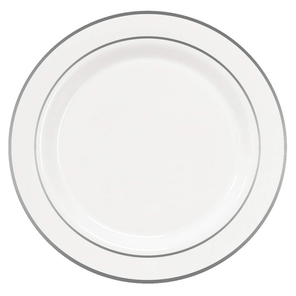 "Party Essentials 12-Count Hard Plastic 10.25"" Divine Dinnerware Disposable China Dinner Plates, White with Silver Band" (N367359)