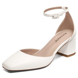 MUCCCUTE White Closed Toe Heels for Women Pumps - Chunky Low Heel Block Square Toe Ankle Strap Heels Ladies Business Office Dressy Dress Pumps