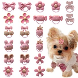 20 Pcs Light Pink Small Dog Hair Bows with Rubber Bands Puppy Bows for Ears Cute Grooming Flower Bowknot Strawberries Topknot Dog Hair Accessories for Small Dogs Girl Hair Ties for Yorkie Shih tzu