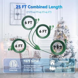 K KASONIC - 25FT Outdoor Extension Cord 1 to 3 Splitter, 3 Prong Outlets Plugs with Safety Covers, Weatherproof Extension Cord for Christmas Decorations, 16/3 SJTW, ETL Listed, Green