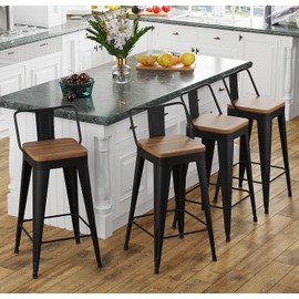 POINTANT Bar Stools Set of 4 Metal Bar Stool Counter Height Bar Stools Black, Modern 24" Bar Chairs with Back and Wooden Seat Bar Stools Counter Height