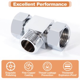 T Piece 1/2 Inch, 3-Way Brass Shut-off Valve Distributor for Corner Valves, Diverter Shower Hose Adapter, Polished Brass Chrome-Plated for Toilets Bathroom Kitchen Sink Bidet