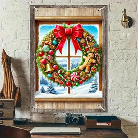 BlissYard Christmas Gingerbread Wreath Window Cover Decoration 31x47 Inch Polyester Holiday Window Banner Festive Scene for Home Decor Party Backdrop for Girls or Boys Gifts Decorations