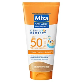 Mixa Solaire Sonnenmilch für empfindliche Haut – Sonnenpflegemilch, sehr hoher Schutz, LSF 50+ UVA, UVA, lang, UVB – für empfindliche Haut für Kinder – wasserfest – sandfrei – hypoallergen, ohne