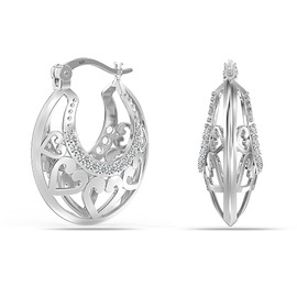 LeCalla Sterling Silver Jewelry Heart Filigree Cage Hoop Earrings for Women