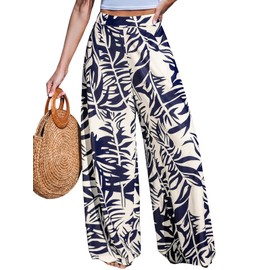 CUPSHE Women Pants Tropical Floral Wide Leg Pants Straight Leg Fit Casual Dressy Blue L