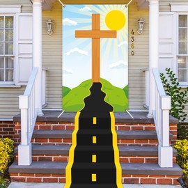 2PCS Religious Cross Backdrop with Road Decorations Religious Cross Backdrop Jesus Banner for VBS Christian Scene Builder Background for Kids Vacation Bible School Sunday School Sanctuary Events