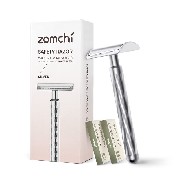 Zomchi Classic Safety Razor for Men and Women 2.0, Newly Designed Safety Razor Made of Elegant Silver Metal with 5-Way Double Edge Blades, Reusable Safety Razor, Sustainable Choice