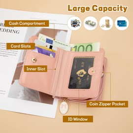 Jesustree Women's Small Bifold PU Leather Small Purse Short Format Women's Wallet Purse with Zip Coin Compartment, Card Slots for Girls Women, pink, Casual