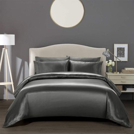 AiMay 3 Piece Satin Duvet Cover Set Bedding Sets Luxury Rich Silk Silky Super Soft Solid Color Reversible Stain-Resistant Wrinkle Free (King, D-Grey)