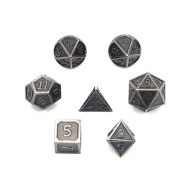 DollaTek 7 PCS Metal Dice Set DND Game Polyhedral Solid Metal D&D Dice Set with Storage Bag and Zinc Alloy with Enamel for Role Playing Game Dungeons and Dragons (Antique Hanging Plated Silver)