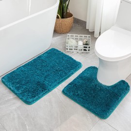 MIULEE Microfiber Bathroom Rugs and Mats Sets 2 Pieces Extra Thick Non Slip Bath Mat and U-Shaped Contour Toilet Rug for Bath Room Floor Restroom, 20"x20"+16"x24", Teal