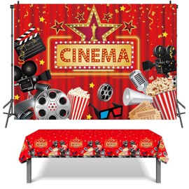 XCKALI Cinema Theme Party Decoration include Cinema Now Showing Photography Background and Tablecloth Decoration 2PCS