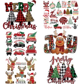 6PCS Christmas Iron On Transfers for T Shirts, Large Christmas Iron On Decals, Christmas Iron On Vinyl Designs Reindeer Christmas Tree for T-Shirts Clothing Backpack DIY Decorations