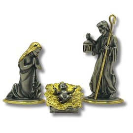 3 ARCHES USA Metal Nativity Set Christmas Decorations - 3-Piece Holy Family Pewter Figurines with Gold Plating - 4.5 Tall Exquisitely Detailed Table Decor for Holiday Display