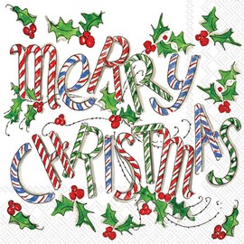 IHR Ideal Home Range Cocktail Napkins Disposable 3-Ply Paper Party Napkin Pack, 5" x 5", Merry Christmas Cane, 20-Count