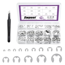 Swpeet 210Pcs 14 Sizes 304 Stainless Steel E-Clip with Tweezers Assortment Kit, M1.5 M2 M2.5 M3 M3.5 M4 M5 M6 M7 M8 M9 M10 M12 M15 External Retaining Rings Snap Ring E-Ring Circlip Rings Kit for Gear