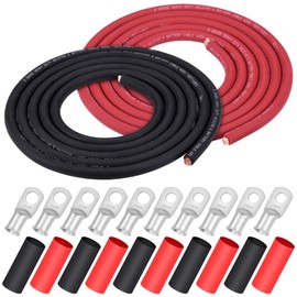 iGreely 2 AWG Gauge Wire 10 Feet Black + 10 Feet Red Welding Battery Pure Copper Ultra Flexible Cable + 5pcs of 5/16" & 5pcs 3/8" Copper Cable Lugs Terminal Connectors+Heat Shrink Tubing