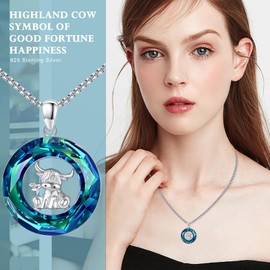 YueYuan Highland Cow Necklace 925 Sterling Silver Cow Pendant Necklace Austrian Crystal Scottish Highland Cow Jewellery for Women Girls