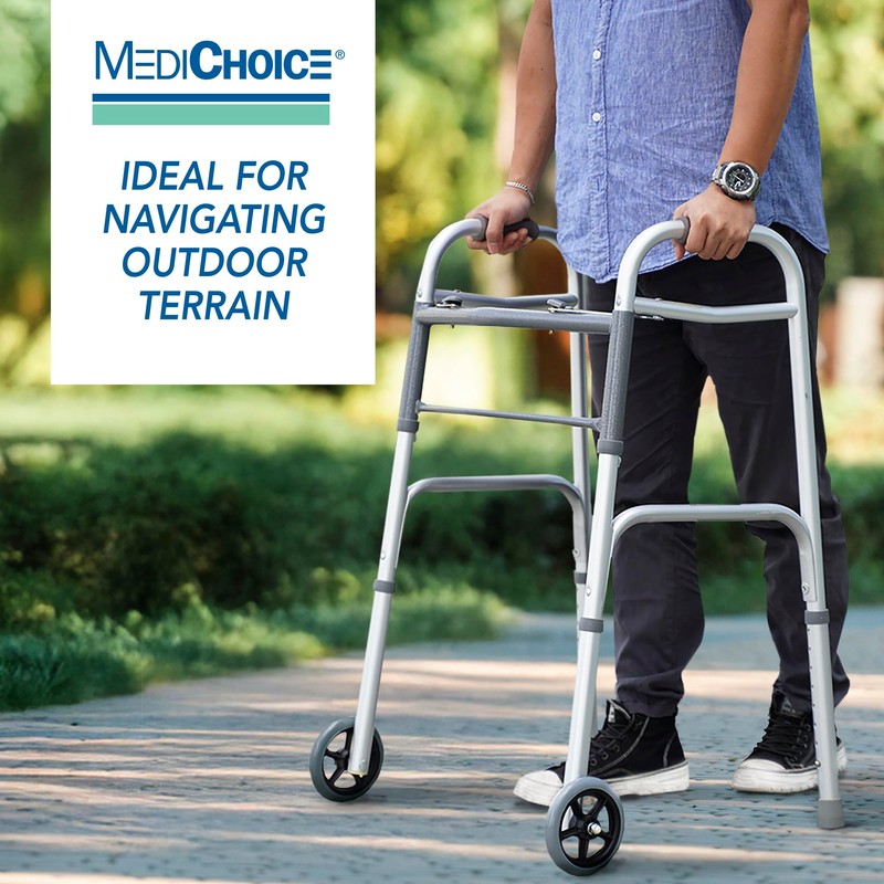 MediChoice Dual-Release Two Button/Folding Walker, Height Adjustable with 5 Inch
