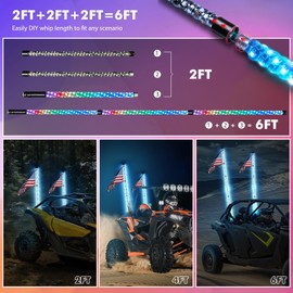 Bevinsee DIY 6FT Whip Lights - Adjustable to 2FT/4FT/6FT Lengths, Spiral RGB Chasing/Dancing LED Whip Lights with APP & Remote Control, Antenna Lighted Whip for UTV ATV Dune Buggy Offroad Truck, 1PC