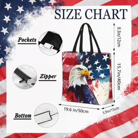 Hufuaoey American Flag Tote Bag With Zipper Fourth of July Memorial DayBags Large Women Patriotic Bag Reusable With Handles 4th Of July Gifts
