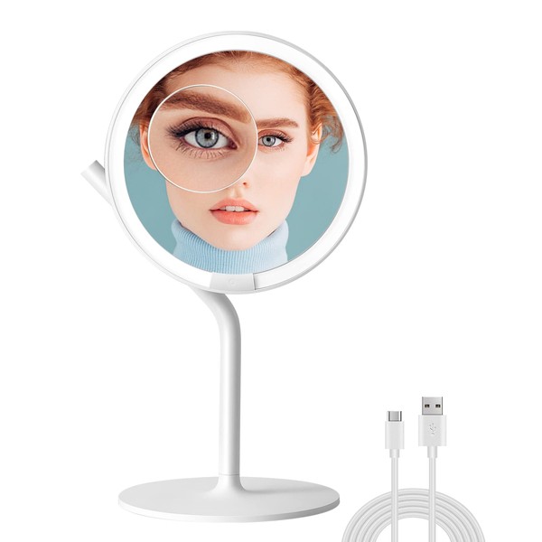 AMIRO Espejo de maquillaje recargable iluminado, espejo de cambiador portátil LED de 8 pulgadas con luz, brillo de 5 niveles/control de visualización táctil/función de memoria/rotación de 180°/bolsillo de aumento desmontable 5X