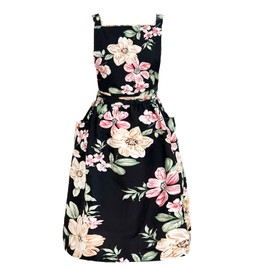 Vintage Pinafore Floral Apron Dress with Headscarf Set Adjustable Cross Back with Pocket for Kitchen Baking Gardening, Black Flower, Medium