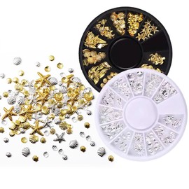 Mirhua Nail Studs, 2 Cases, Silver, Gold Shell, Metal Parts, Marine, Summer, 3D, Sea Turtle, Seashell, Starfish, Conch, Cute, Stylish, DIY, Handmade Decoration Parts, Handmade