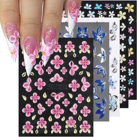 Fspronail 5D Flowers Nail Art Stickers, 5PCS Embossed Pink Blue Flowers Stickers Hibiscus Lily Daisy Cherry Blossom Floral Design Nail Decals Spring Summer Self-Adhesive Pegatinas para Uñas