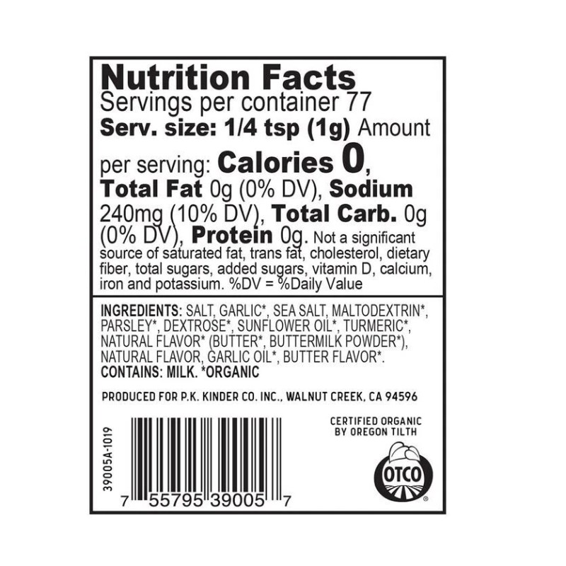 Kinder's Organic Buttery Garlic Master Salt, Premium Quality Seasoning, MSG