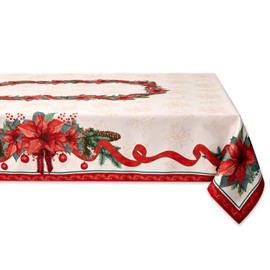 Poinsettia Ribbon Engineered Printed Fabric Christmas Tablecloth - Wrinkle Free Table Cloth for Xmas Winter Holiday, 60 x 84 Inch Rectangle
